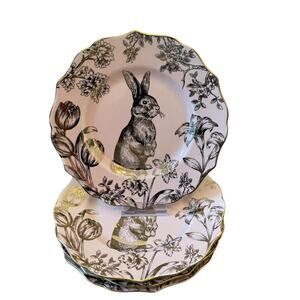 222 Fifth Pink & Gold Bunny Hill Porcelain Salad Plates 8.5” Easter Set of 4 NEW